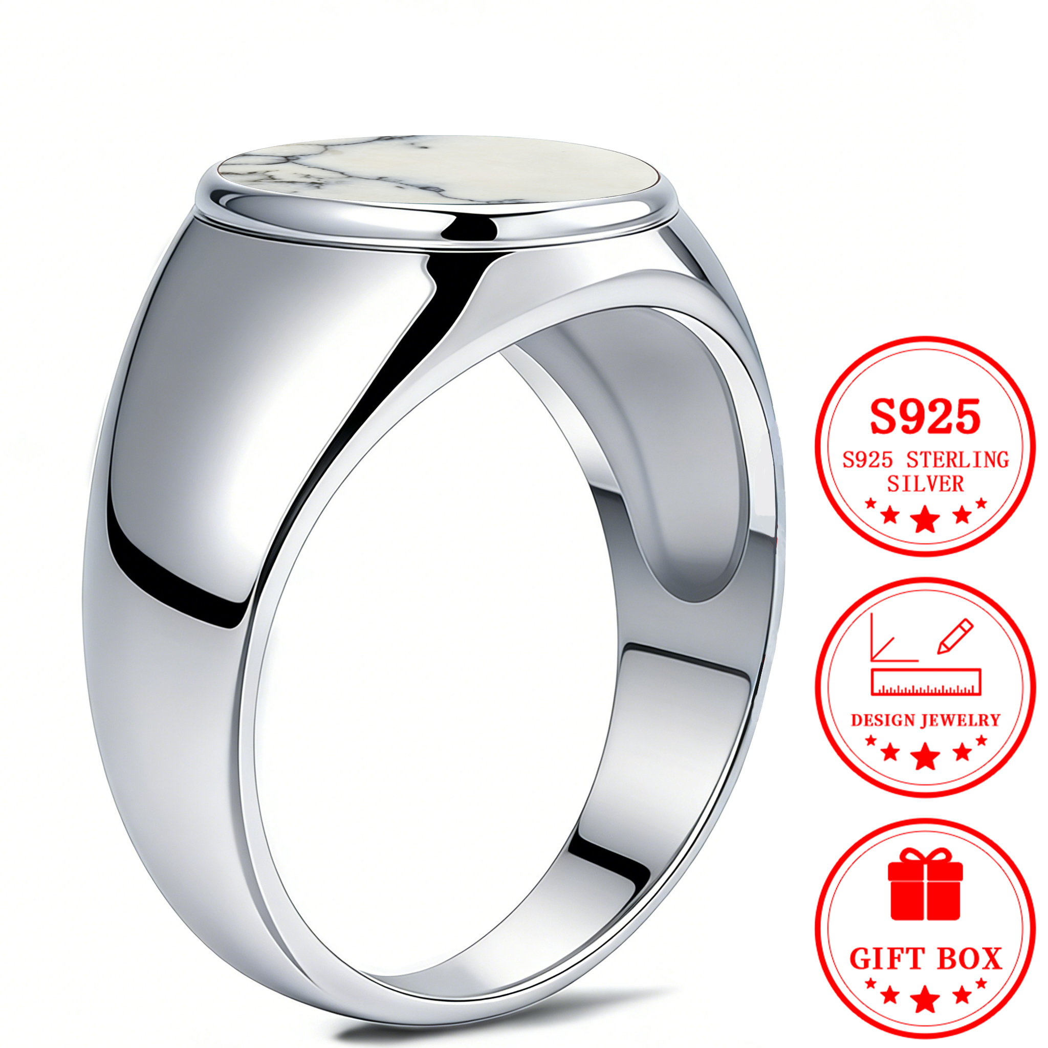 Men's S925 Sterling Silver Oval Flat White Turquoise Ring
